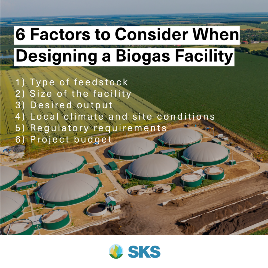 6 factors to consider when designing a biogas facility include type of feedstock, size of the facility, desired output, local climate and site conditions, regulatory requirements, and project budget.